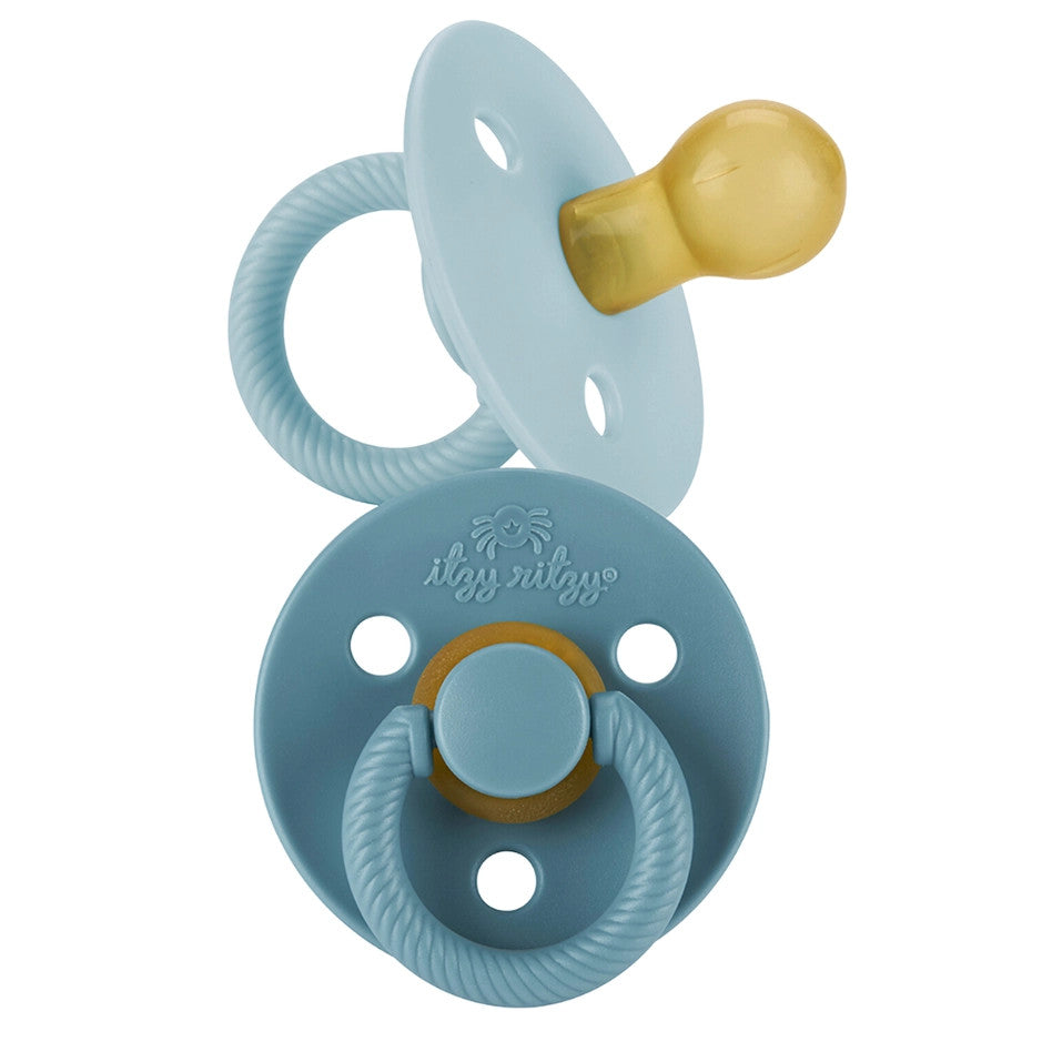 Itzy Ritzy Itzy Soother Natural Rubber Pacifier Set for 6-18 months, blue pacifier with yellow nipple and ring handle