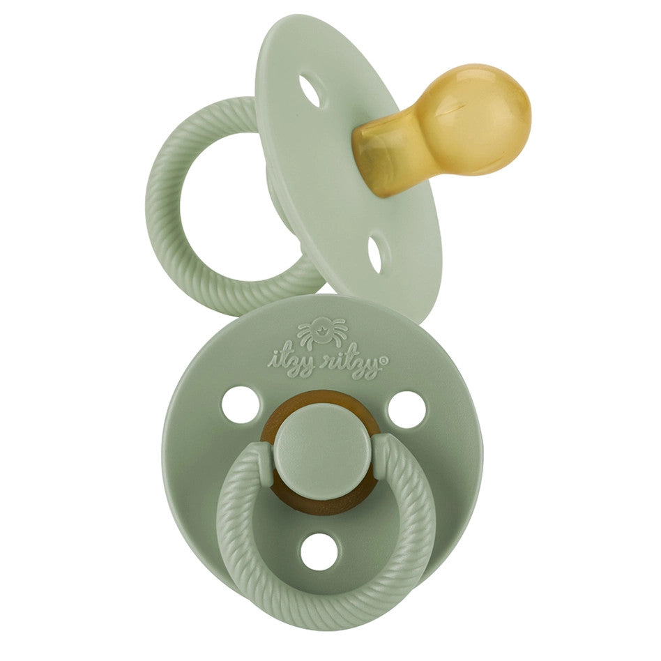 Itzy Ritzy Itzy Soother Natural Rubber Pacifier Set for 6-18M, pastel green with a ring handle and yellow nipple