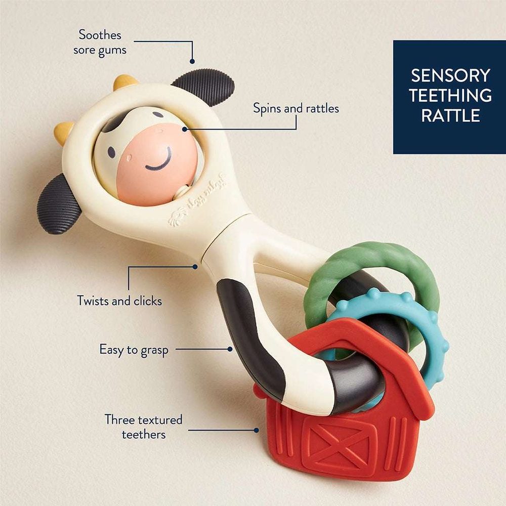 Itzy Ritzy Itzy Spinner teething toy with three textured teethers and colorful rings for easy grasp