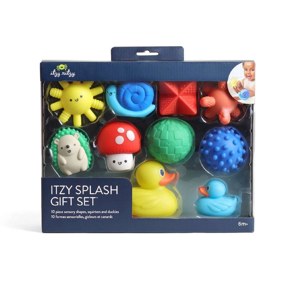 Itzy Ritzy Itzy Splash Bath Toys Gift Set with 10 colorful baby bath shapes and ducks