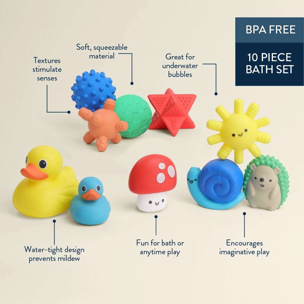 Itzy Splash 10-piece BPA-free bath toy set featuring ducks, snail, star, mushroom, and spiky ball
