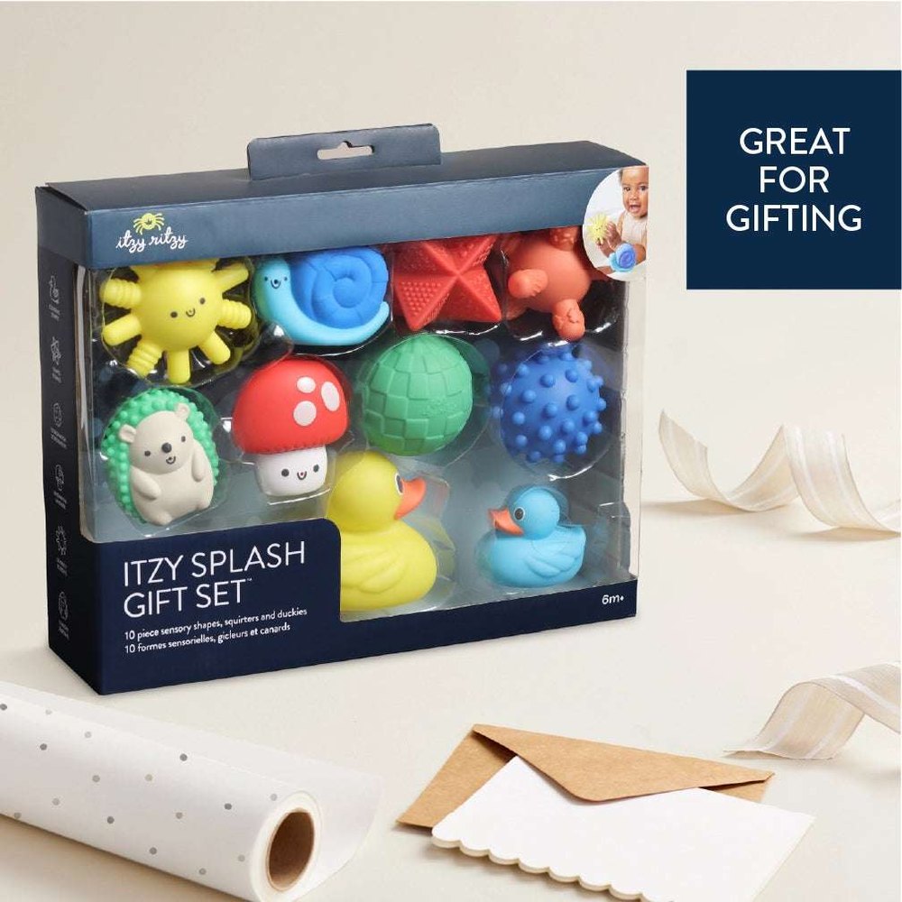 Itzy Ritzy Itzy Splash Bath Toys Gift Set, 10 colorful silicone baby bath toys in cheerful animal shapes