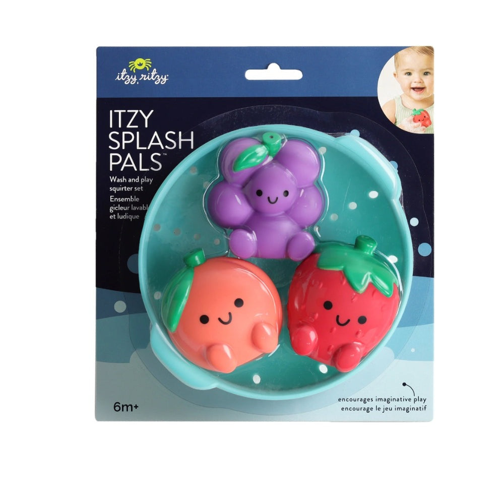 Itzy Ritzy Itzy Splash Pals bath toy set - three colorful fruit and flower squishy characters in a teal bowl