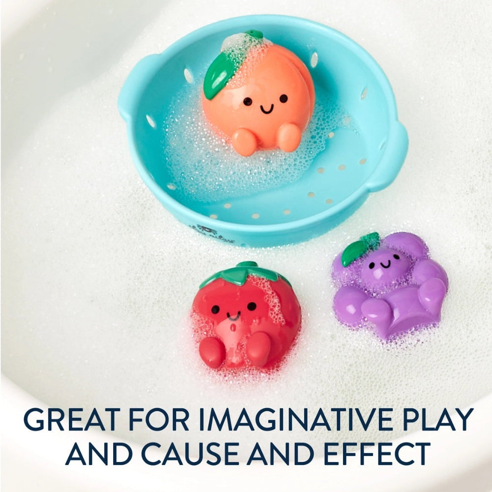 Itzy Splash Pals bath toys set of 3 fruit characters-orange peach, red strawberry, purple grape-in bubbly bath.