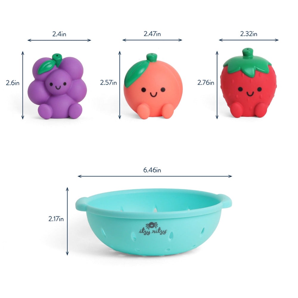 Itzy Ritzy Itzy Splash Pals set of 3 fruit bath toys with a teal bowl