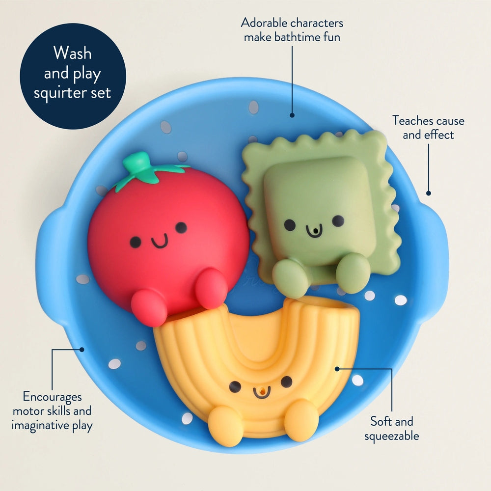 ITZY RITZY Itzy Ritzy Itzy Splash Pals Pasta three food character squirters in scalloped bowl with holes img 5/6