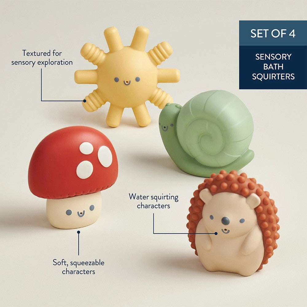 Itzy Ritzy Itzy Squirt 4-pack of soft bath toys featuring a sun, mushroom, snail and hedgehog