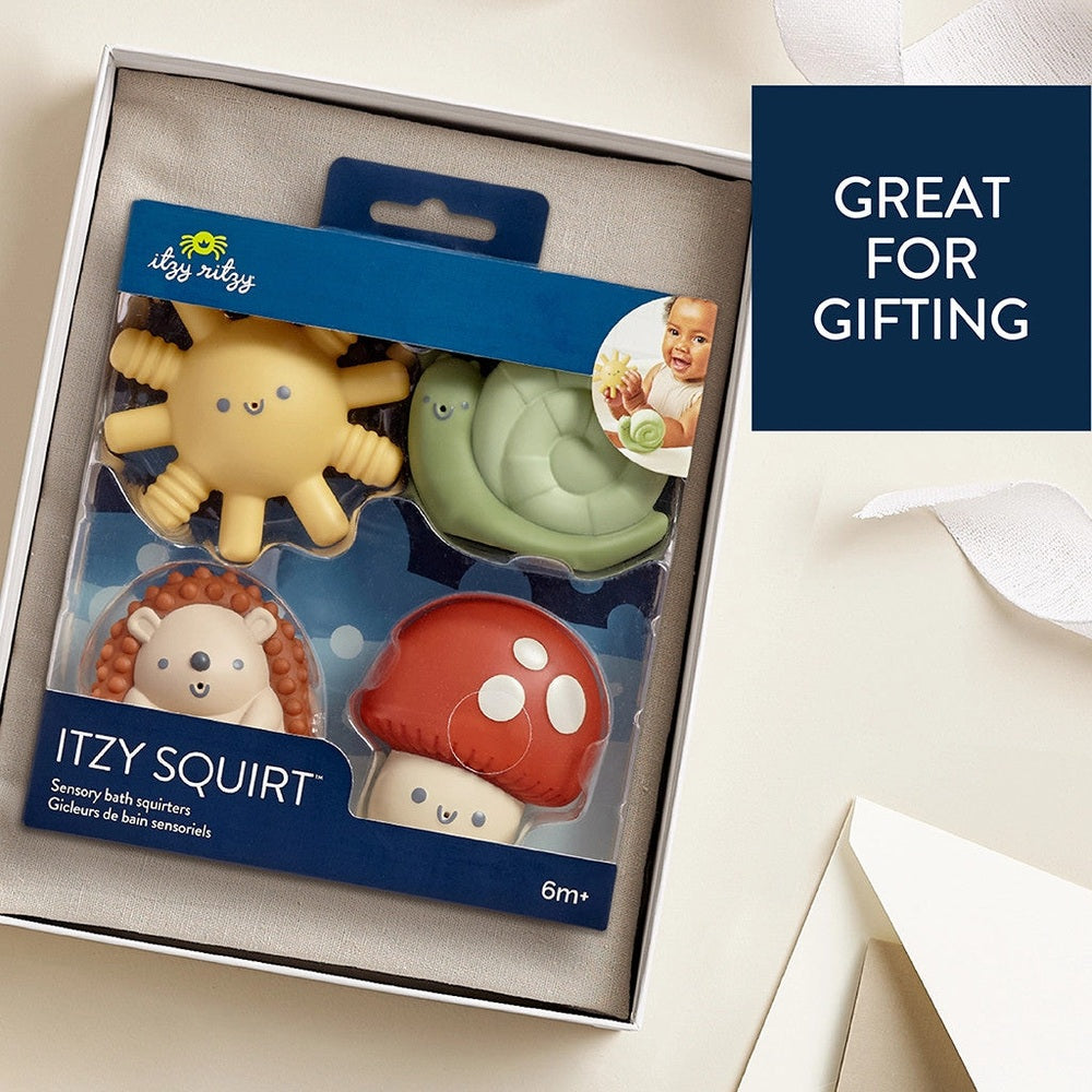 Itzy Squirt 4-pack soft bath toys: yellow sun, green sea creature, bear, and red mushroom by ITZY RITZY