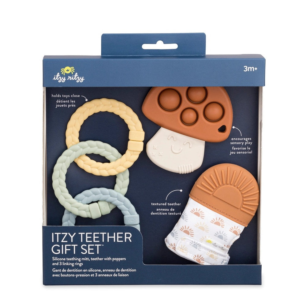 Itzy Ritzy Itzy Teether Gift Set featuring silicone teething mitt, three braided rings, and a textured teether
