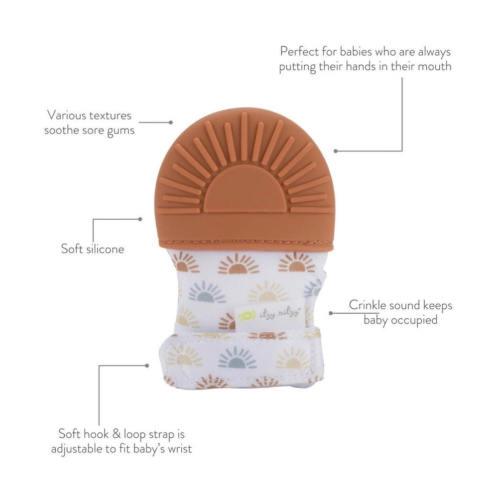 Itzy Ritzy Itzy Teether Gift Set with orange sunburst silicone teether, printed fabric sleeve, and adjustable strap