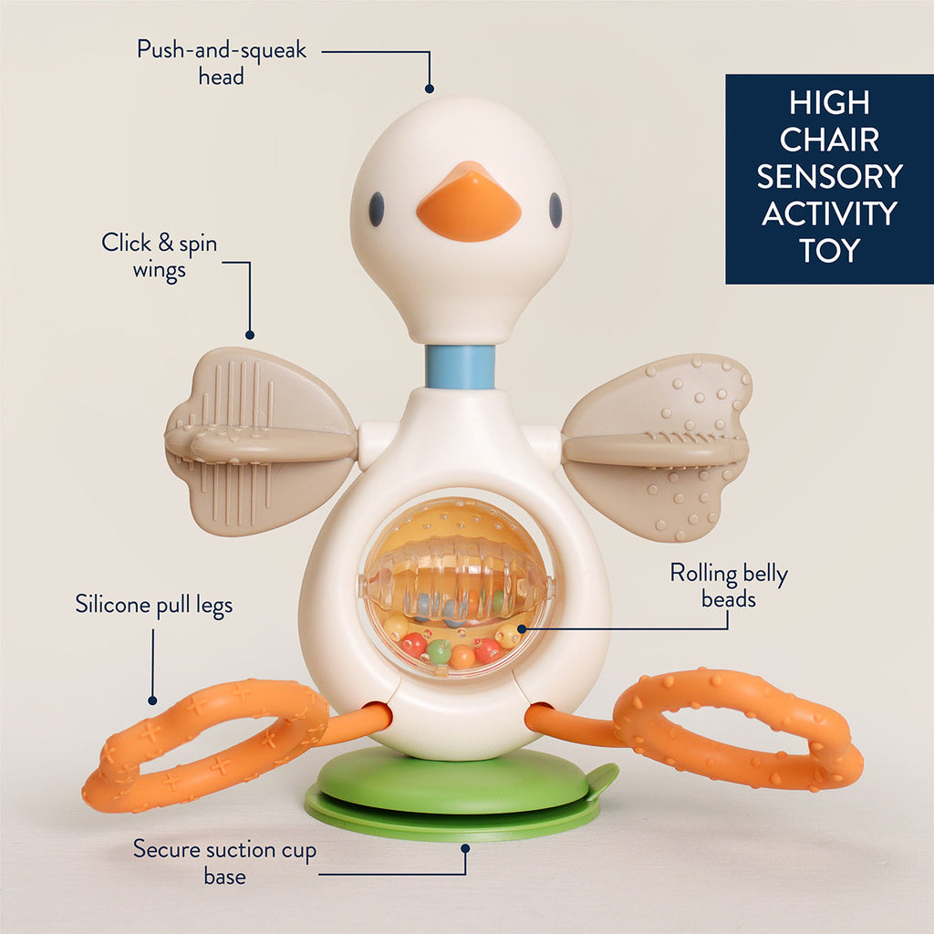 Itzy Twist & Bop Gracie the Goose feature guide with squeaker, wings, beads, pull legs and suction base