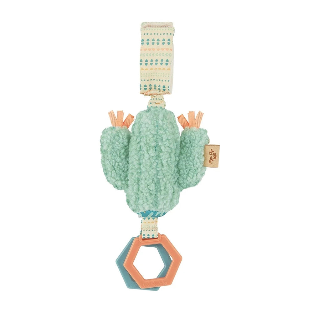 Itzy Ritzy JingleB attachable travel toy cactus plush with mint fabric and peach ribbons hex teether ring