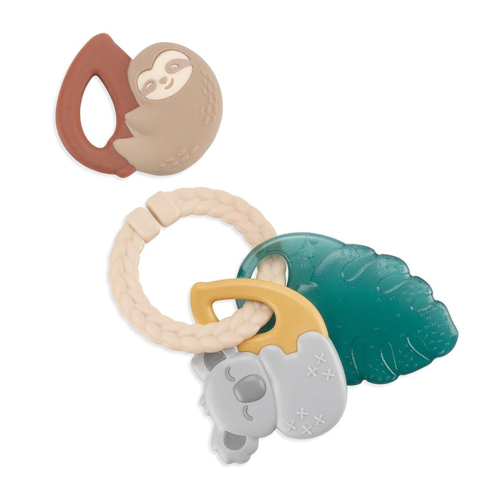 Itzy Ritzy tropical teether keys ring set with cream braided handle, teal leaf charm, and animal charms