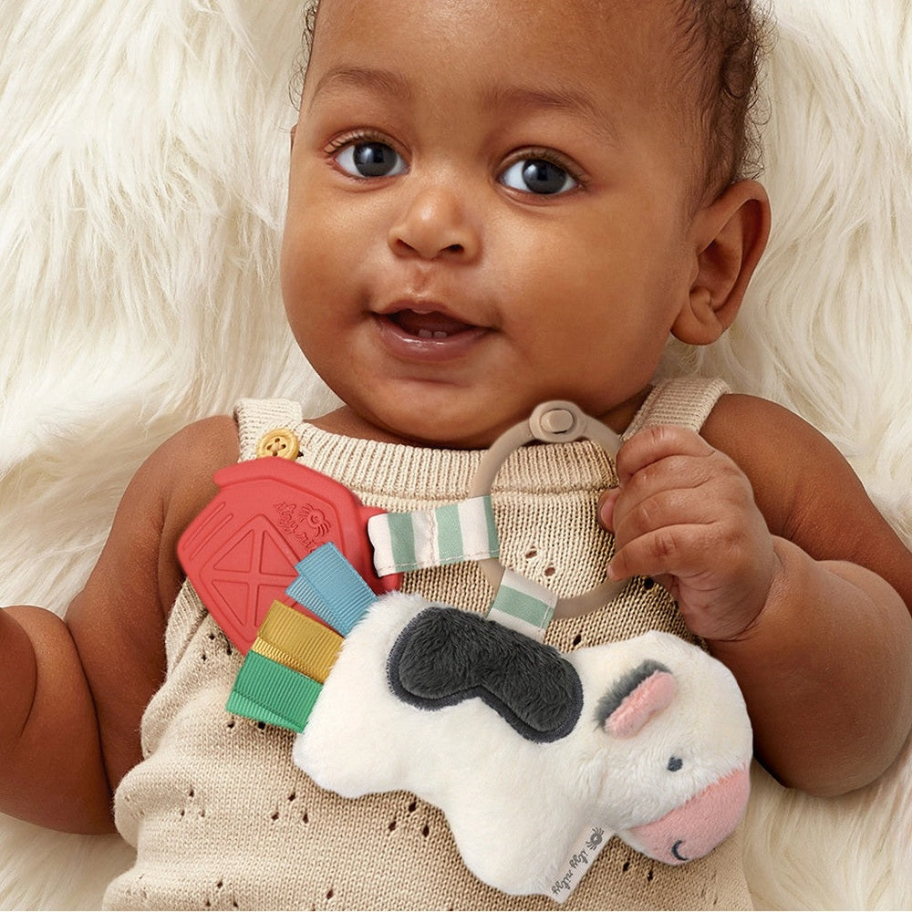Itzy Ritzy Pal Plush and Teether unicorn toy with colorful ribbon teether for babies