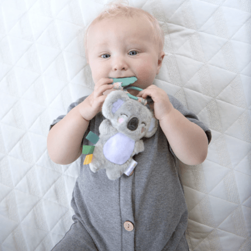 Itzy Ritzy Pal Plush and Teether koala toy with pastel ribbons for teething