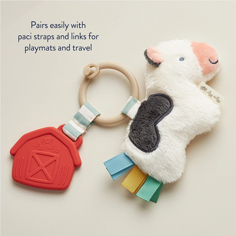 Itzy Ritzy Pal Plush and Teether: soft plush pal with pastel ribbon tails and a red silicone teether on a ring