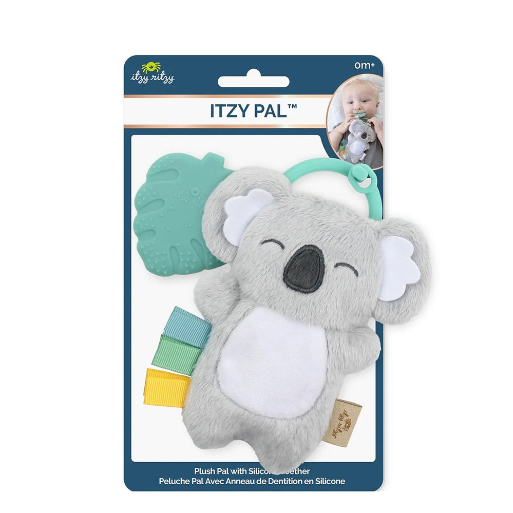 Itzy Ritzy Pal plush koala teether with mint silicone leaf and colorful ribbon tags
