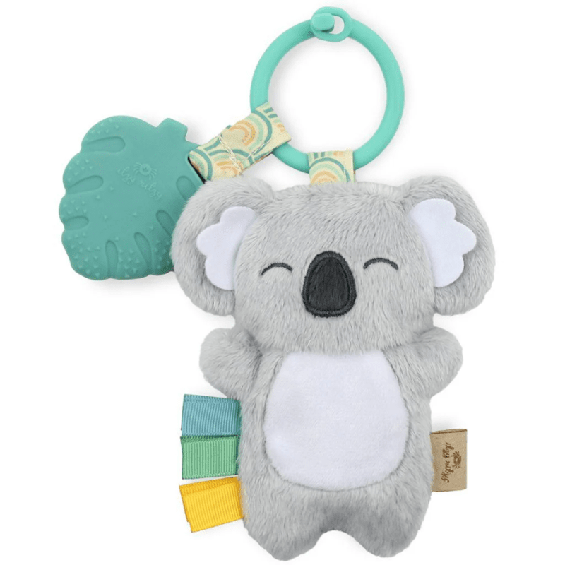 Itzy Ritzy Pal plush koala teether with teal ring and multicolor ribbon tabs