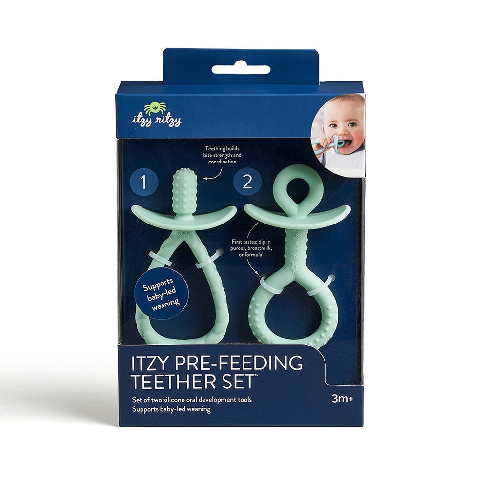 ITZY RITZY pre-feeding teether set; mint silicone twin teething toys for early feeding (2 pieces)