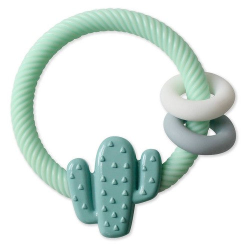 Itzy Ritzy silicone teether rattle on mint ring with cactus charm and pastel rings
