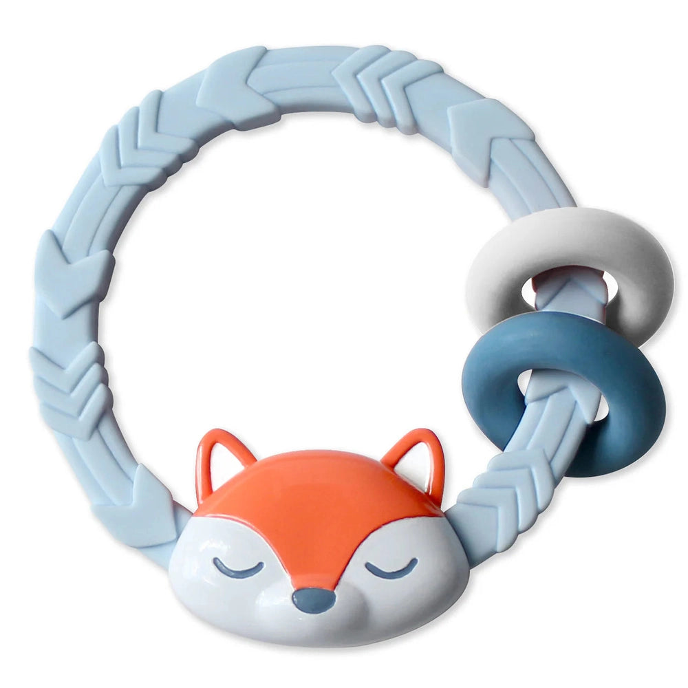 Itzy Ritzy silicone teether rattle ring with blue braided strap and orange fox head