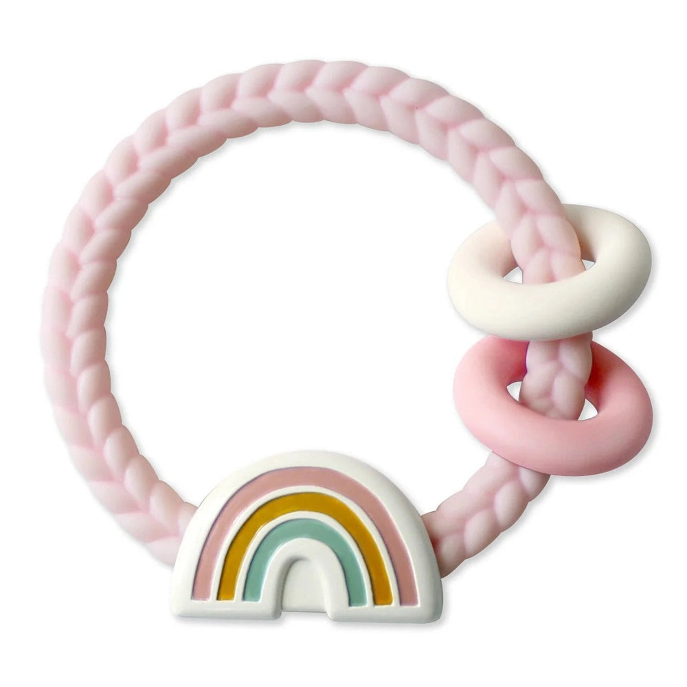 Itzy Ritzy silicone rattle teether ring in pink braid with pastel rings and rainbow charm