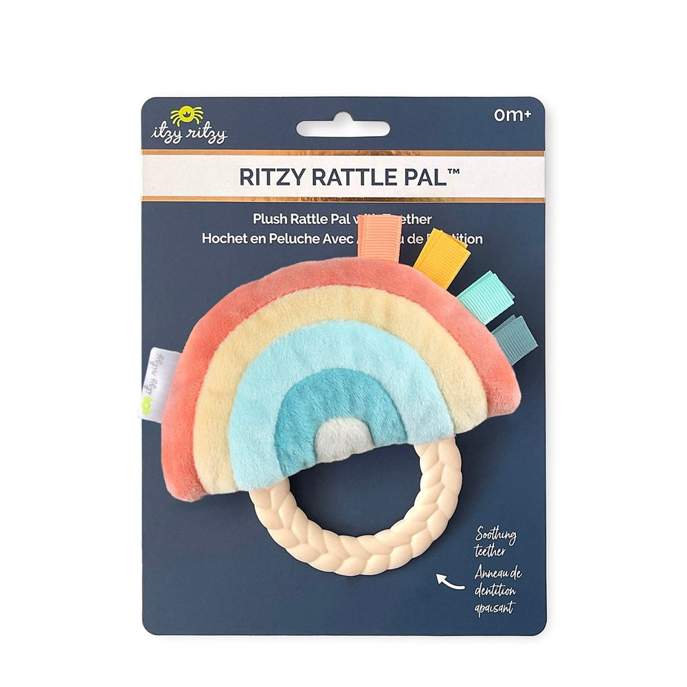 Itzy Ritzy Ritzy Rattle Pal plush rattle with teether, pastel rainbow arches and braided beige handle
