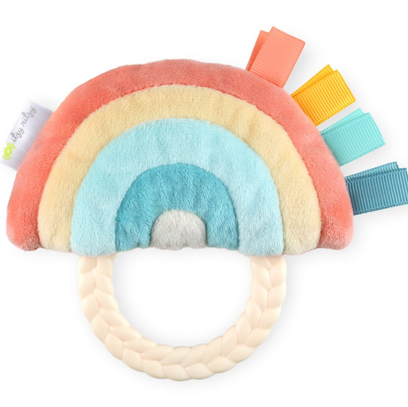Itzy Ritzy Ritzy Rattle Pal plush rattle with teether, rainbow pastel arches and braided cream handle