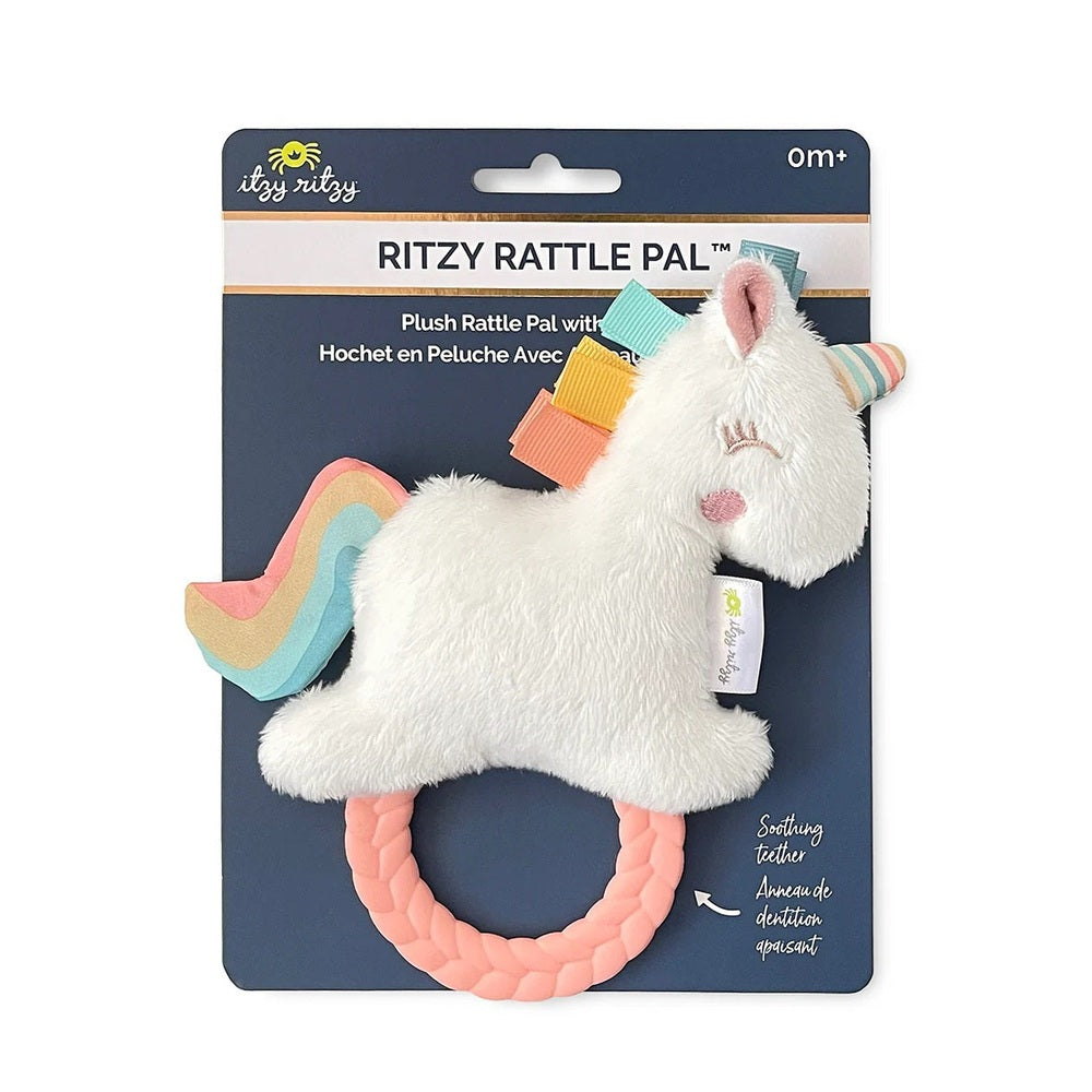Ritzy Rattle Pal plush unicorn rattle with pastel rainbow mane and pink teether ring, ITZY RITZY