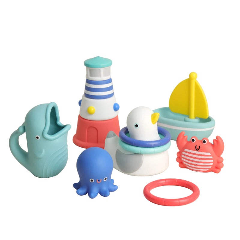 Itzy Ritzy Seaside Splash bath toy set featuring six pastel sea creatures and a ring