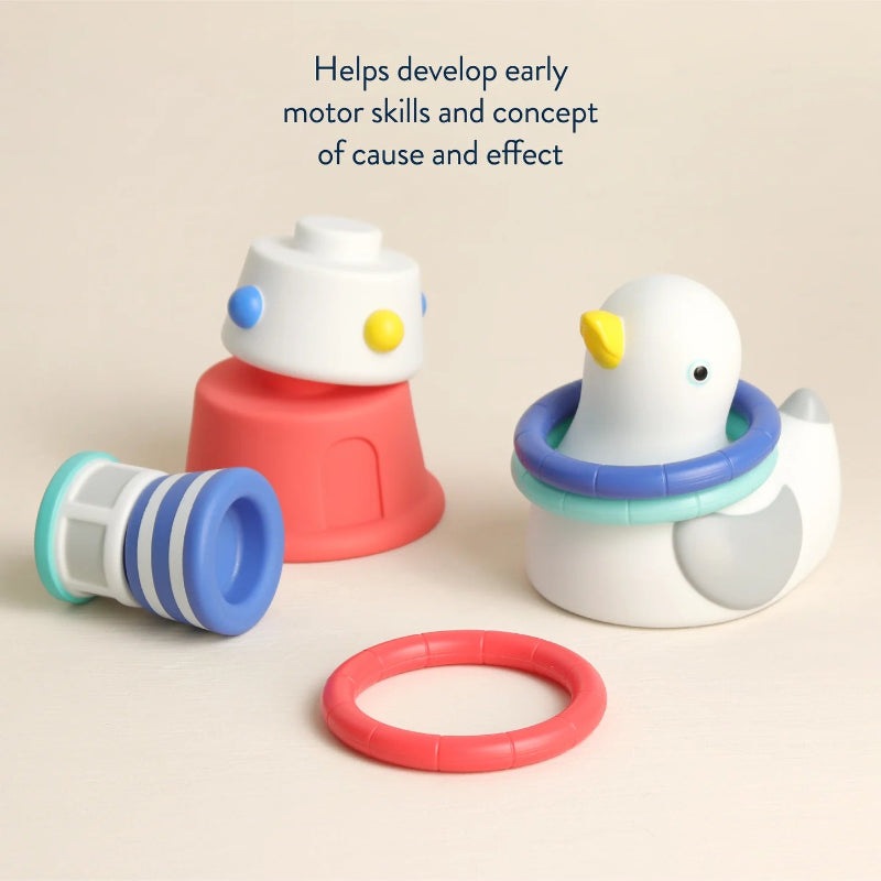 Itzy Ritzy Seaside Splash bath toy set featuring a white duck tub ring and four stacking cups