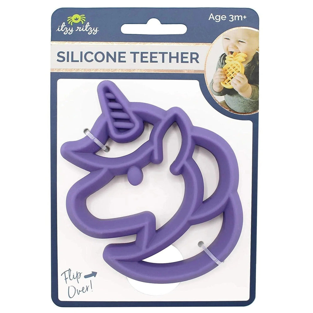 Itzy Ritzy silicone unicorn teether, purple; silicone baby teething toy for infants 3m+.