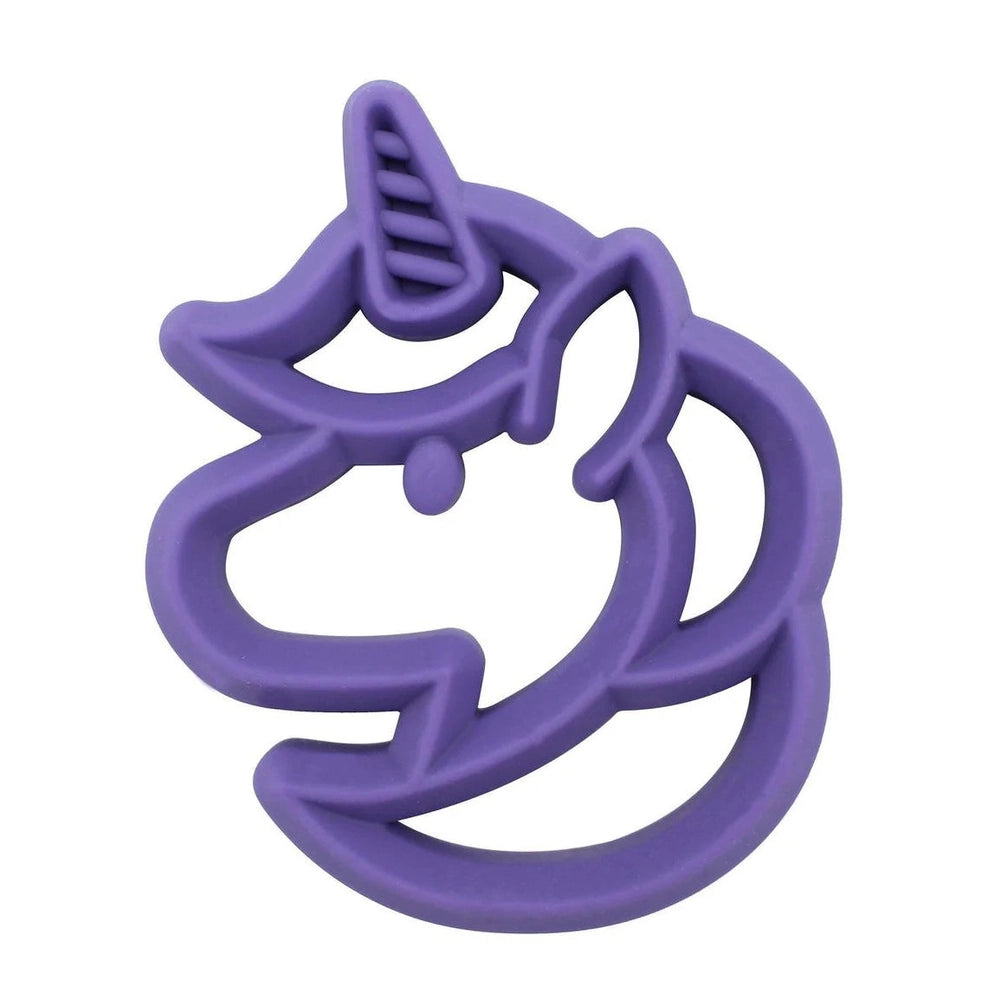 Itzy Ritzy silicone unicorn teether in purple, chewy baby teething toy with multiple loops