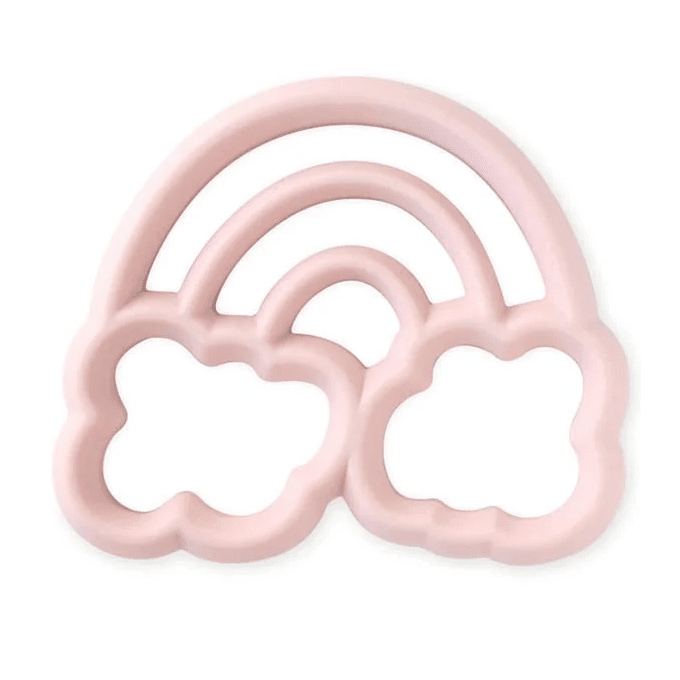 Itzy Ritzy silicone teether in pink rainbow with cloud shapes for baby teething