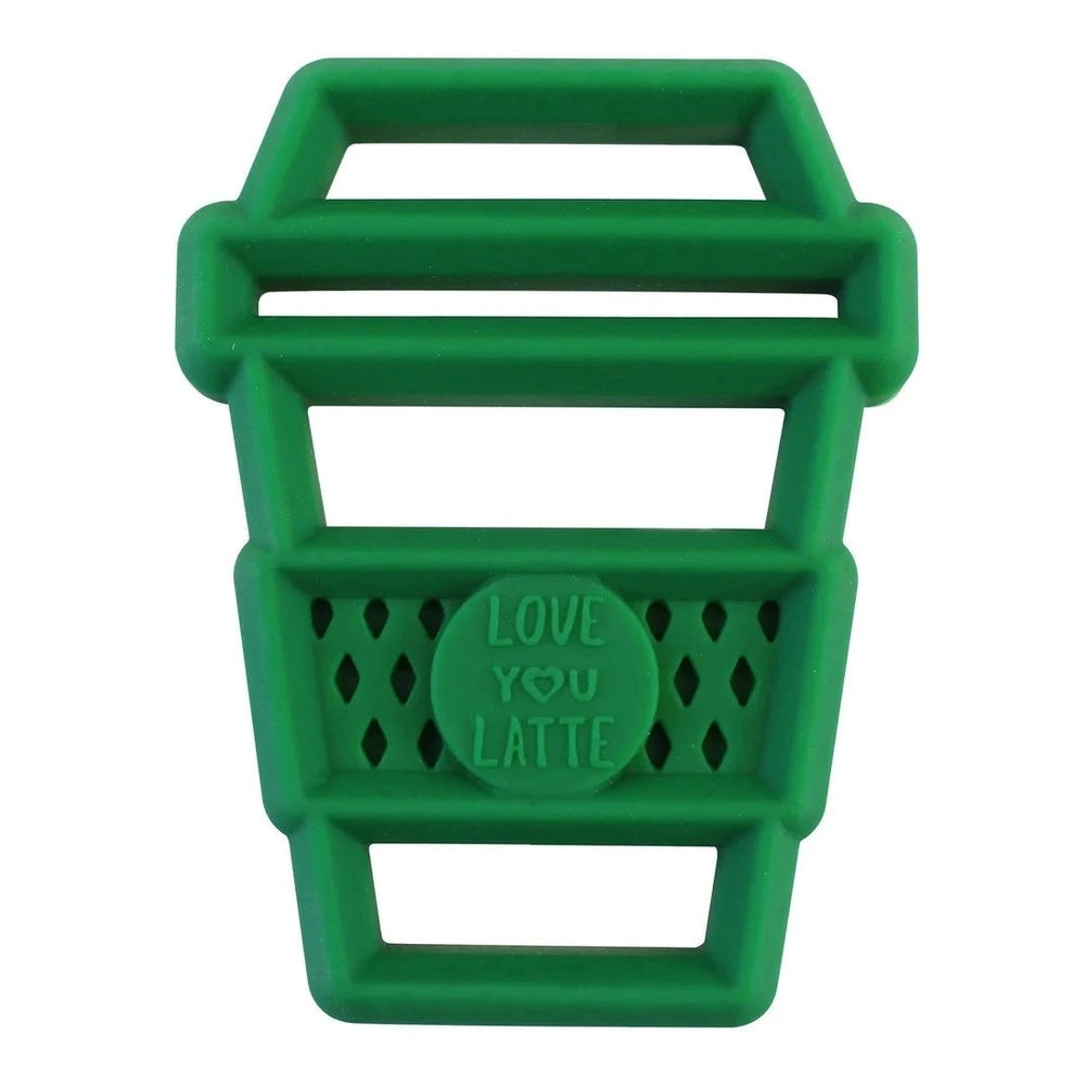 Itzy Ritzy silicone teether in green with Love You Latte cup motif