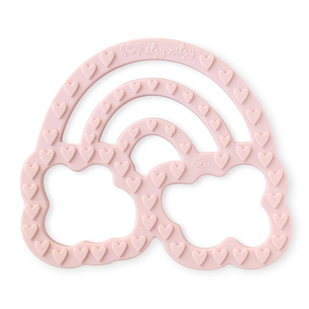 Itzy Ritzy silicone teether, pink, with heart-edged rings and cloud shapes