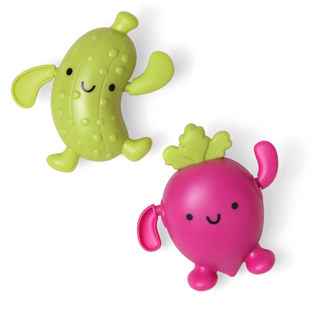 Itzy Ritzy Silly Swimmers Pickle and Beet bath toys set, 2 smiling figures in lime green and pink
