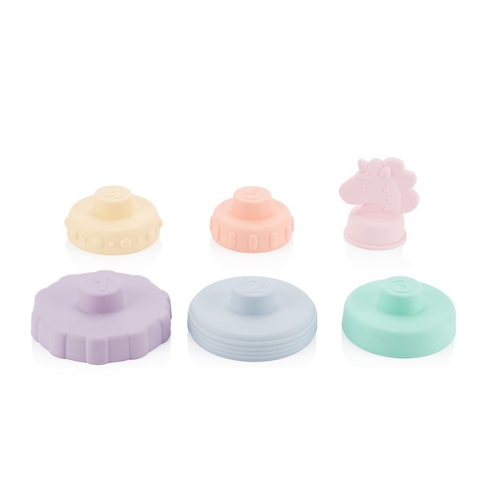 Itzy Ritzy silicone stacking toy set with pastel disks and a unicorn topper, 6-piece baby toy collection