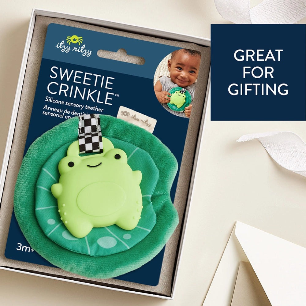 Itzy Ritzy Sweetie Crinkle sensory teether, green frog silicone toy with plush ring