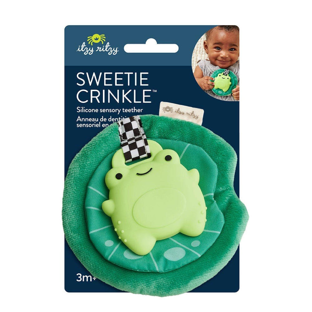 Itzy Ritzy Sweetie Crinkle sensory teether featuring a green frog on a teal plush ring
