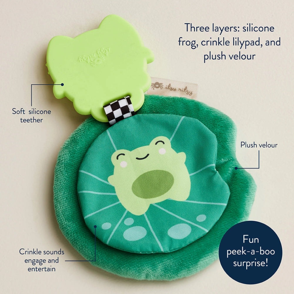 Itzy Ritzy Sweetie Crinkle Teether in green plush velour with soft silicone teether and crinkle lilypad