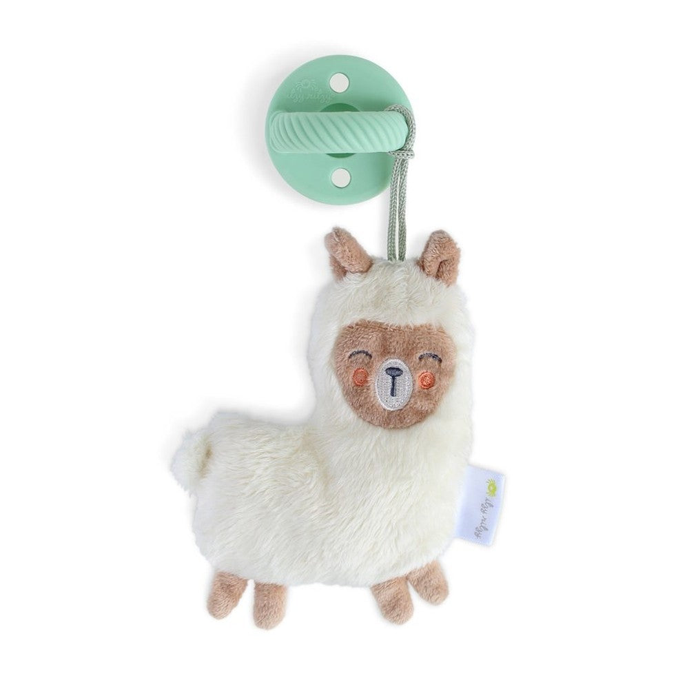 Itzy Ritzy Sweetie Pal llama pacifier clip with cream plush body and tan face