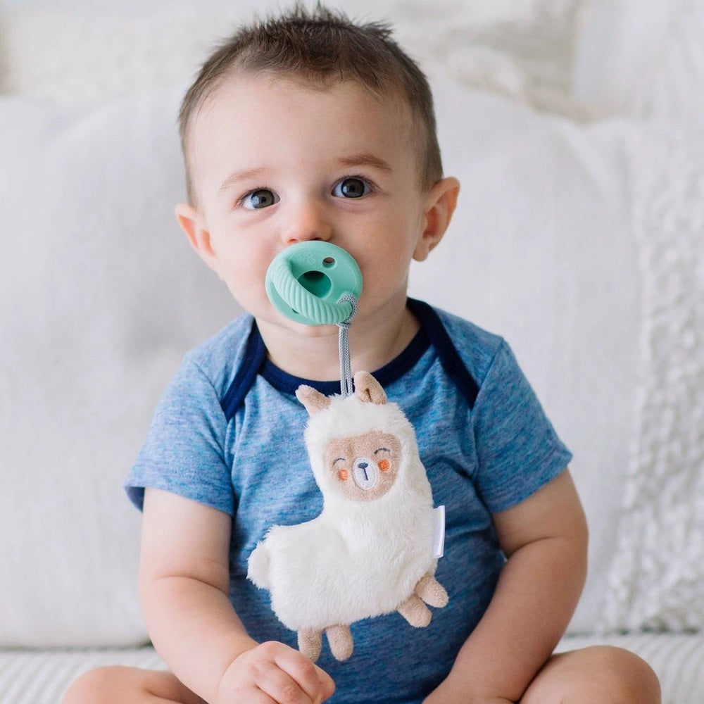 Itzy Ritzy Sweetie Pal pacifier with mint shield and plush llama