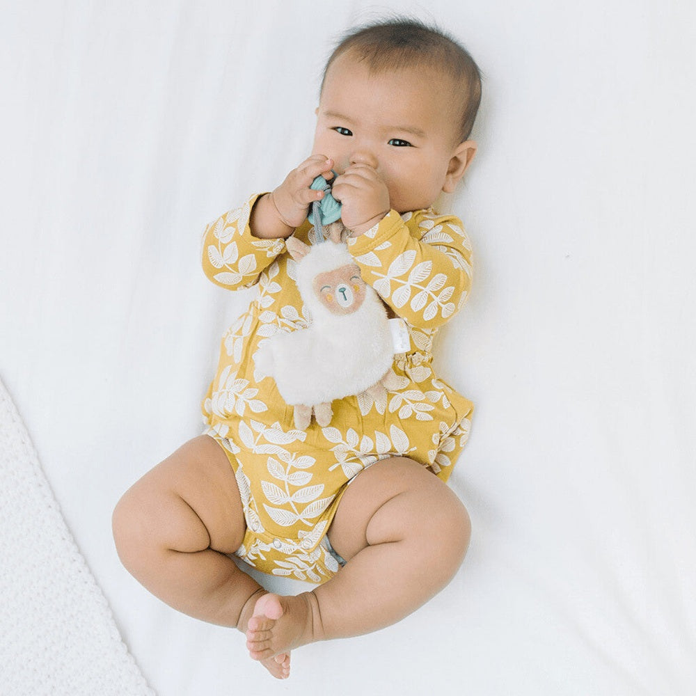 Itzy Ritzy Sweetie Pal pacifier and stuffed llama, teal pacifier with yellow leaf-print romper.