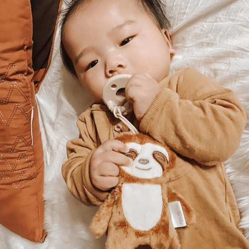 Itzy Ritzy Sweetie Pal Pacifier and stuffed brown sloth plush with white belly for babies