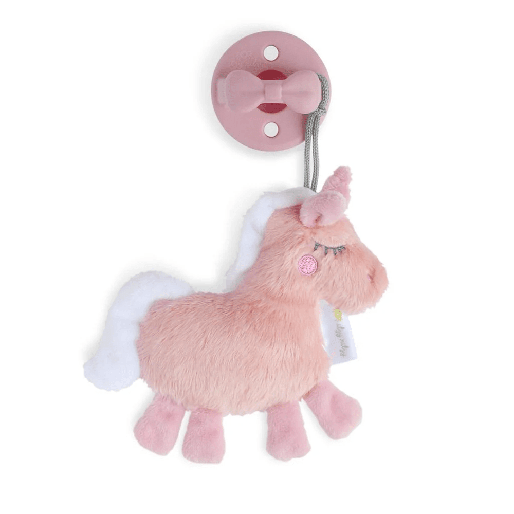 Itzy Ritzy Sweetie Pal pacifier and plush pony, pink fur with white mane and bow clip