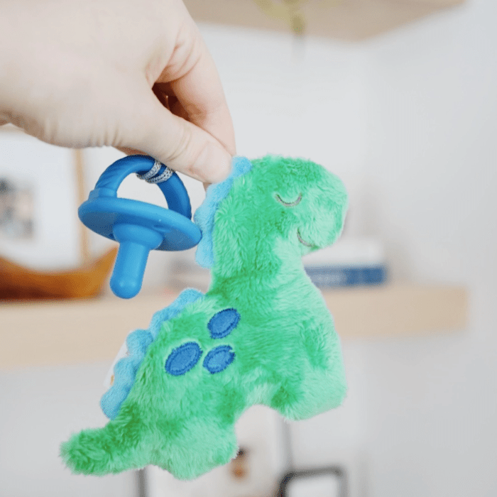 Itzy Ritzy Sweetie Pal pacifier clip attached to a green plush dinosaur toy