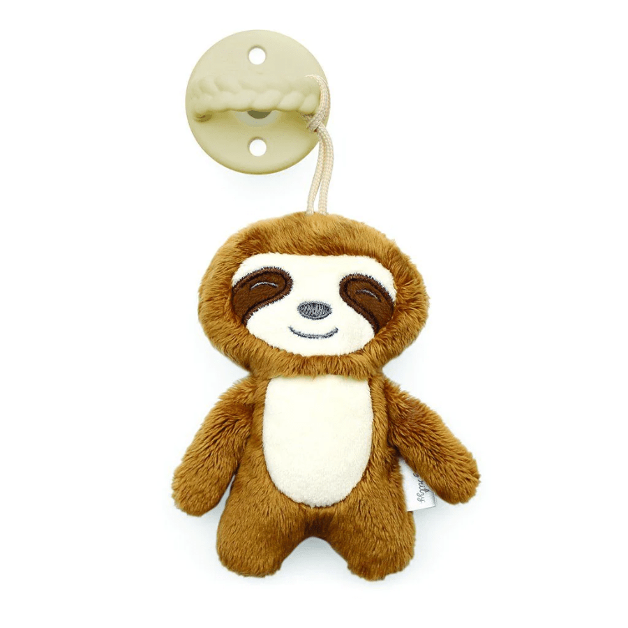 Itzy Ritzy Sweetie Pal sloth plush pacifier clip for babies, brown fur with cream belly, ITZY RITZY