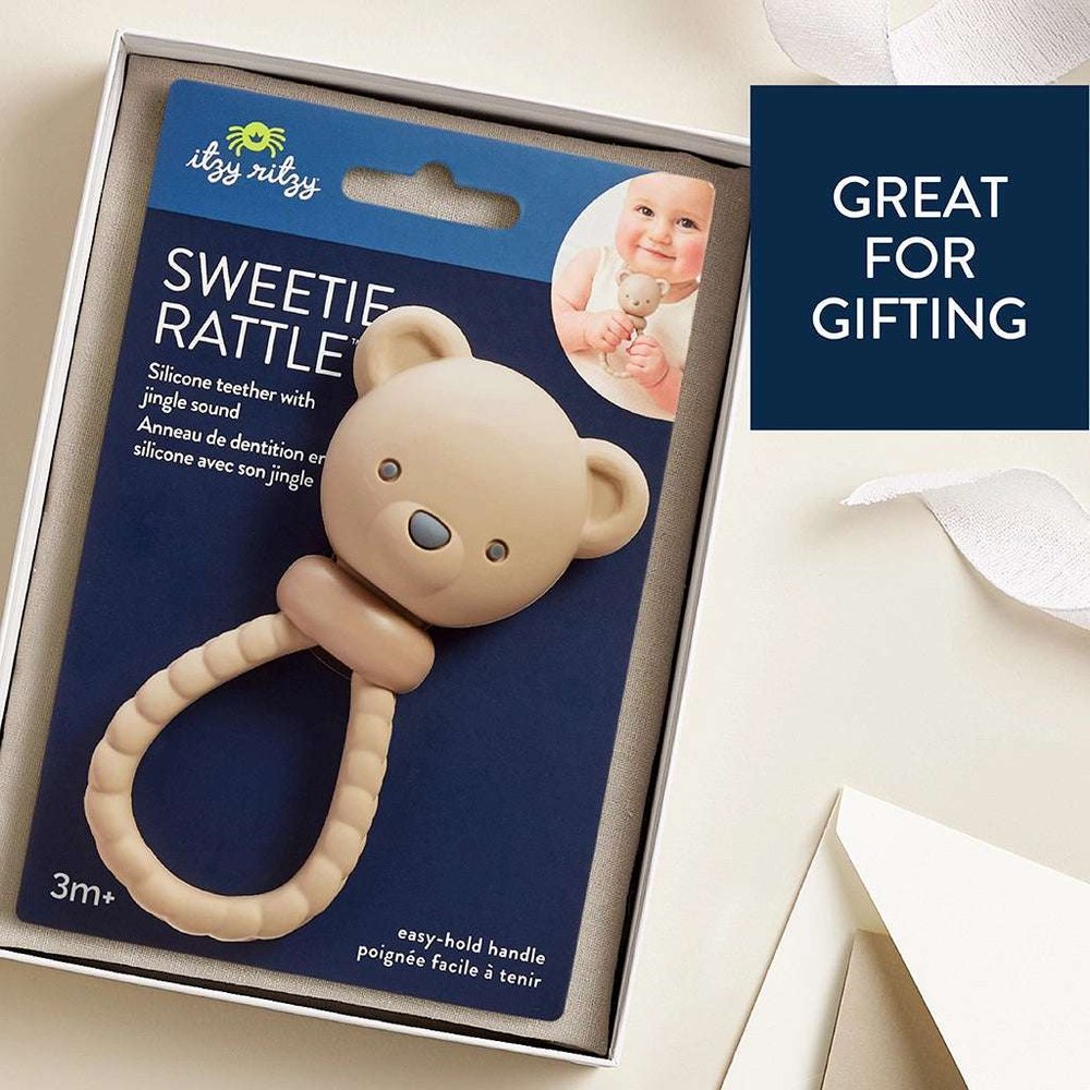 Itzy Ritzy Sweetie Rattle Bear silicone teether with easy-hold loop, beige color, ITZY RITZY packaging