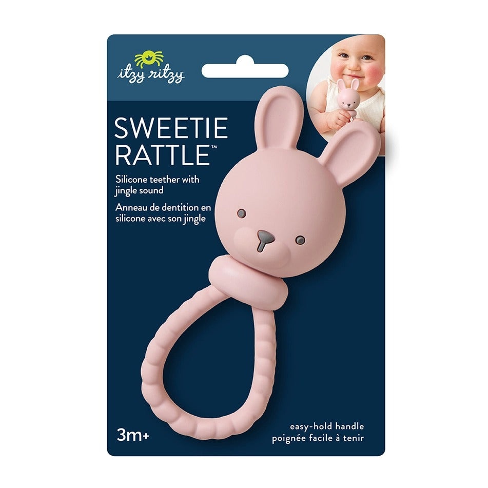Itzy Ritzy Sweetie Rattle Pink Bunny silicone teether with jingle, easy-hold handle loop.